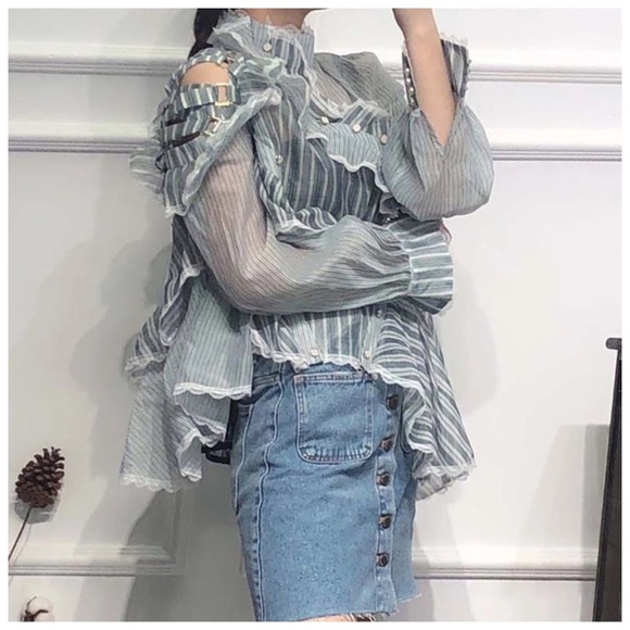Blue Stripe Sheer Ruffle Runway Top - Picture 3 of 8